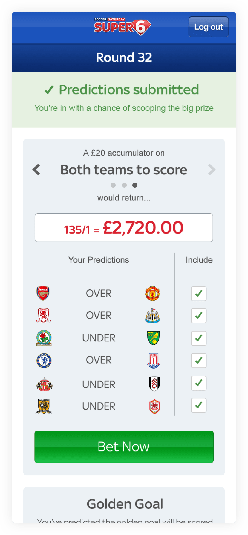 Super 6 Predictions Submitted Page